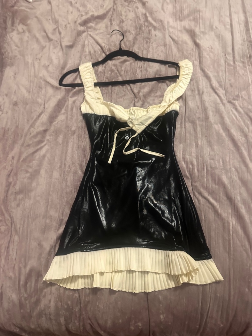 New Pink Dolls Kill Shiny Black Satin Ruffle Mini Dress
